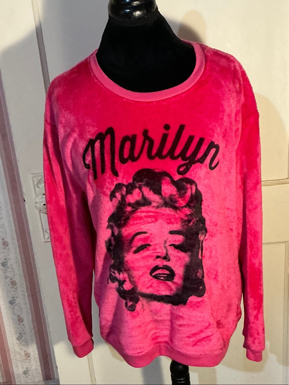 Marilyn Monroe Hot Pink Plush Crewneck Sweater with Black Graphic